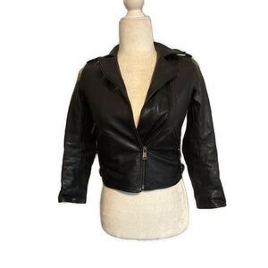 Bonpoint Girls Solid Black Genuine Leather Biker Moto Jacket Long Sleeve 10 L